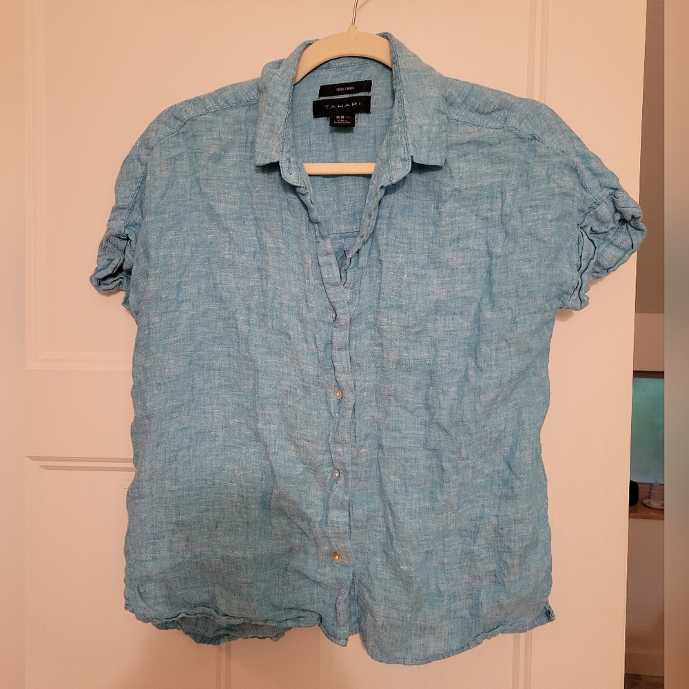 Tahari Light Blue Casual Button Down Shirt 100% Linen Size XS